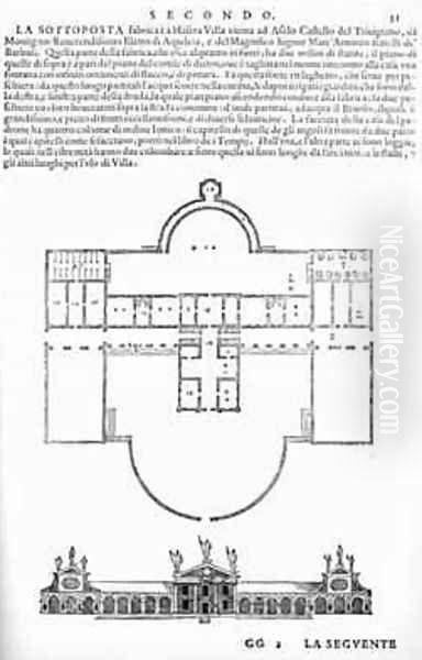 Plan and elevation of Villa Barbaro, Maser, illustration from a facsimile copy of I Quattro Libri dellArchitettura written by Palladio, originally published 1570 Oil Painting by Andrea Palladio