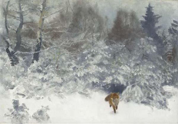 Fox In A Winter Landscape (rav I Vinterlandskap) Oil Painting by Bruno Andreas Liljefors