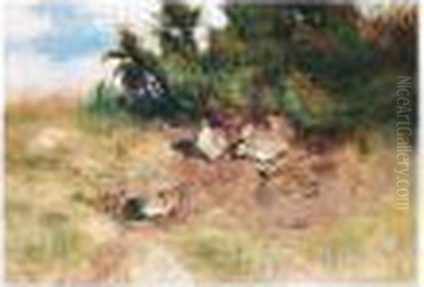 Rapphons Som Solar Sig (a Family Of Partridges Taking The Sun) Oil Painting by Bruno Andreas Liljefors