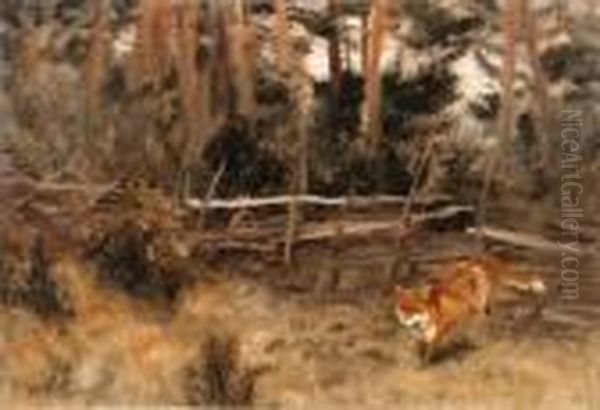 A Red Fox In A Landscape Oil Painting by Bruno Andreas Liljefors