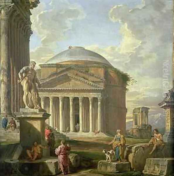 View of the Pantheon, the Farnese Hercules and other Roman Ruins Oil Painting by Giovanni Paolo Panini