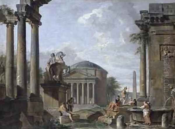 Landscape with Roman Ruins Oil Painting by Giovanni Paolo Panini