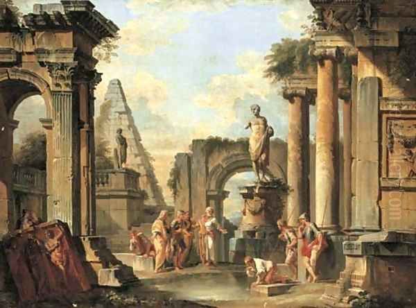 A capriccio of classical ruins with Diogenes throwing away his cup Oil Painting by Giovanni Paolo Panini