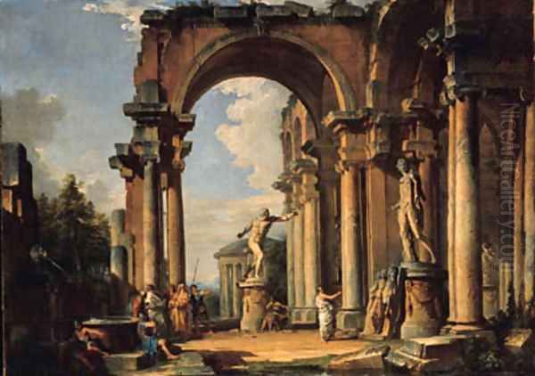 A capriccio of a ruined loggia with figures conversing by the Borghese Gladiator and the Apollo Belvedere, the Basilica of Maxentius Oil Painting by Giovanni Paolo Panini