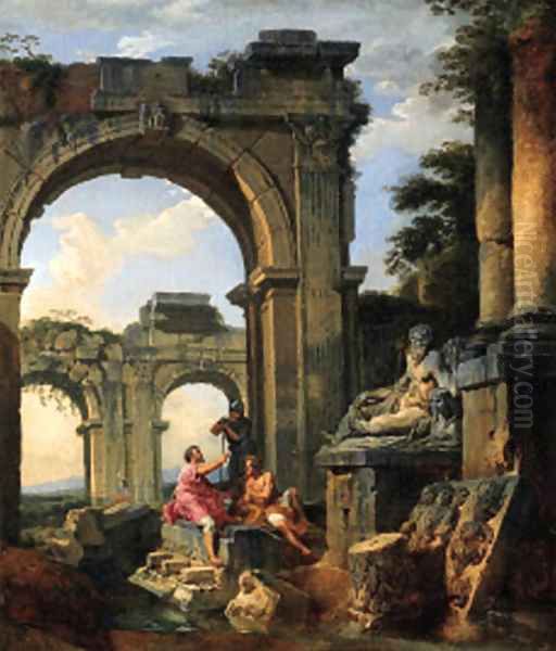 A capriccio of classical ruins with three figures conversing before a statue of a River God Oil Painting by Giovanni Paolo Panini