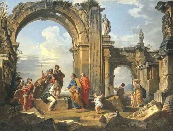 A capriccio of Roman ruins with the Parable of the Fishes Oil Painting by Giovanni Paolo Panini