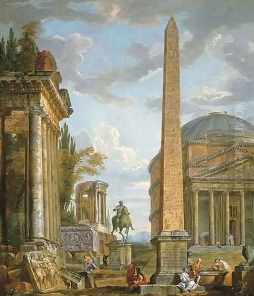 A capriccio with figures gathered around the Obelisk of Augustus, a view of the Pantheon, the Statue of Marcus Aurelius and the Temple of Sybil, Tivol Oil Painting by Giovanni Paolo Panini