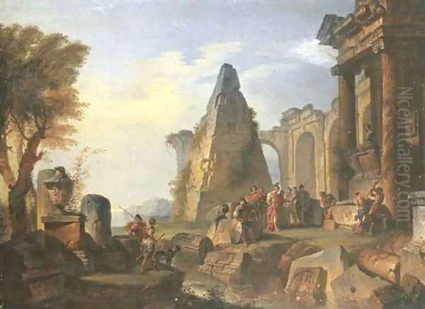 An architectural capriccio with Alexander visiting the Tomb of Achilles Oil Painting by Giovanni Paolo Panini