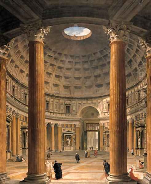 The interior of the Pantheon, Rome, looking north from the main altar towards the entrance, the Piazza della Rotonda beyond Oil Painting by Giovanni Paolo Panini