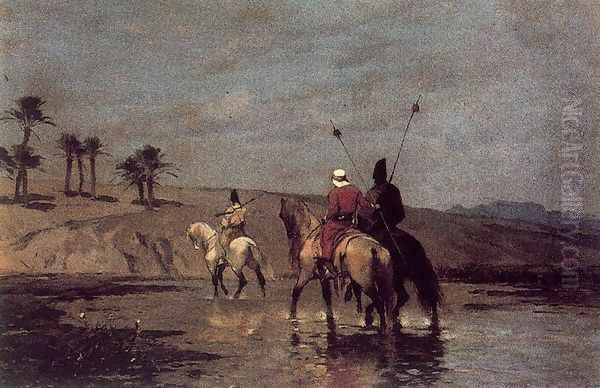 Arabic riders crossing a river Oil Painting by Alberto Pasini