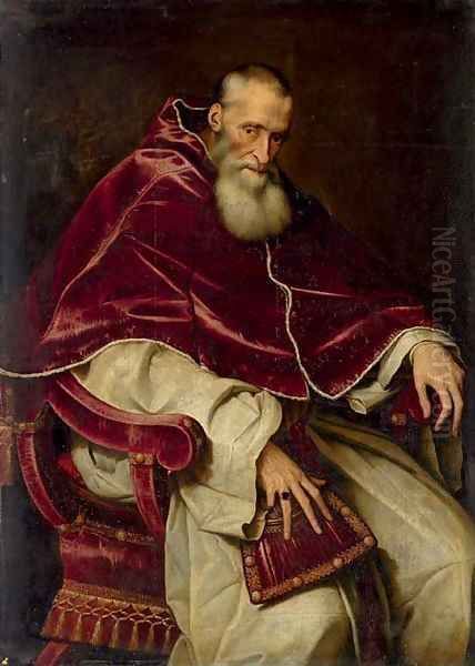 Portrait of Alessandro Farnese (1468-1549), Pope Paul III (1534-1549), seated three-quarter-length, in a papal robes Oil Painting by Scipione Pulzone