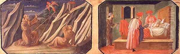 St. Francis of Assisi receiving the stigmata, SS. Cosmas and Damian healing a sick man; copies of original panels forming part of the Predella to the Madonna and Child Enthroned by Filippo Lippi Oil Painting by Pesellino