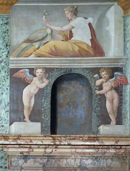 The Sala delle Prospettive Hall of Perspective detail of trompe l'oeil niche depicting the goddess Juno with a peacock, 1518-19 Oil Painting by Baldassare Peruzzi