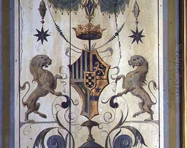 Painted window shutters depicting a coat of arms with two lions Oil Painting by Baldassare Peruzzi