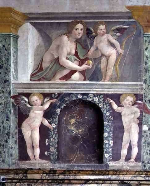 The Sala delle Prospettive Hall of Prospective detail of trompe loeil niche depicting Venus and Cupid, 1518-19 2 Oil Painting by Baldassare Peruzzi