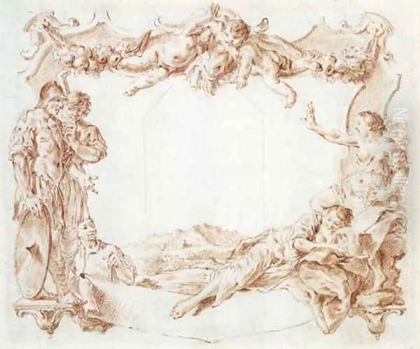 Design for a cartouche with putti holding a trophy above two soldiers spying on two reclining women, a landscape beyond Oil Painting by Giovanni Battista Piazzetta