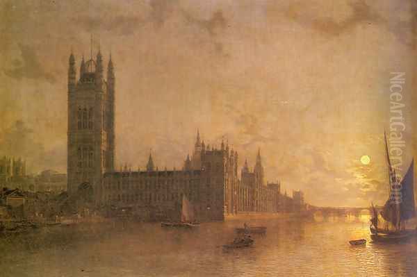 Westminister Abbey, The Houses of Parliament with the Construction of Wesminister Bridge Oil Painting by Henry Pether