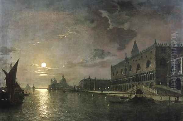 Moonlit View Of The Bacino Di San Marco, Venice, With The Doges Palace Oil Painting by Henry Pether