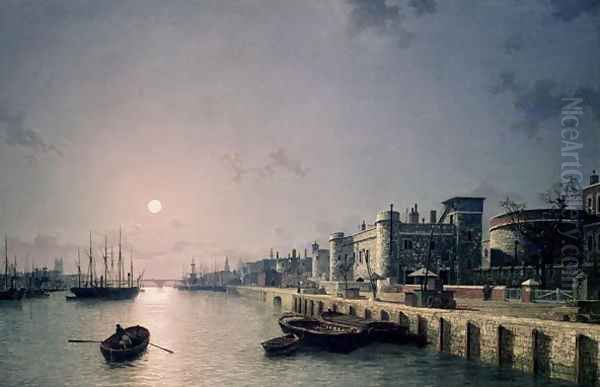 Tower of London and the Thames in moonlight Oil Painting by Henry Pether