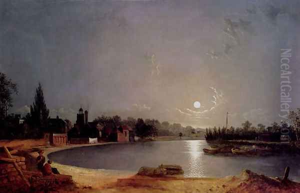 The Thames At Moonlight, Twickenham Oil Painting by Henry Pether