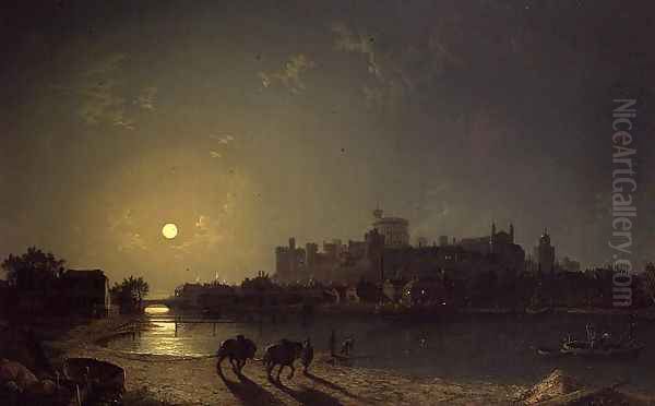 Moonlight View of Windsor Castle from the Thames Oil Painting by Henry Pether