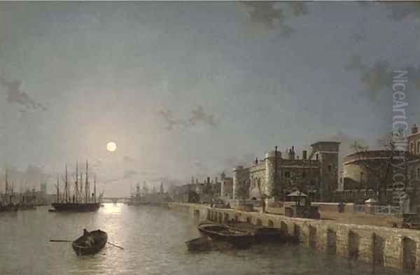 View of the Thames by moonlight, towards London Bridge, with the Tower of London and Traitors' Gate in the foreground Oil Painting by Henry Pether