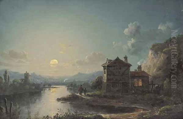 Figures by a cottage in a moonlit river landscape Oil Painting by Henry Pether