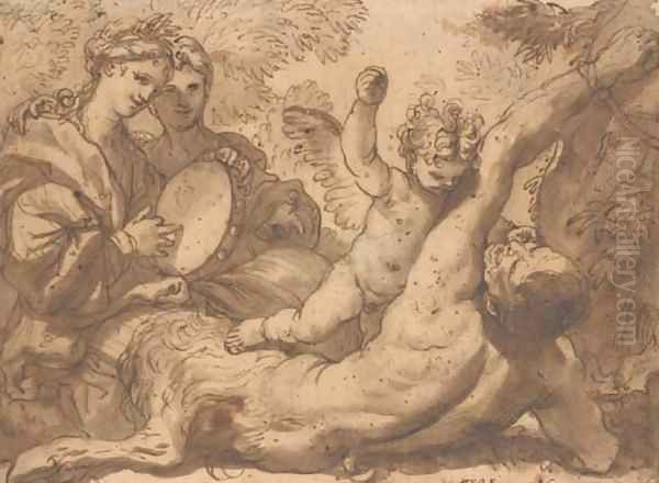 A putto striking a satyr bound to a tree, two women playing a tambourine on the left Oil Painting by Domenico Piola