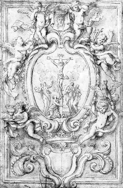 The Crucifixion in a cartouche, surrounded by putti bearing symbols of the Passion design for a frontispiece Oil Painting by Domenico Piola