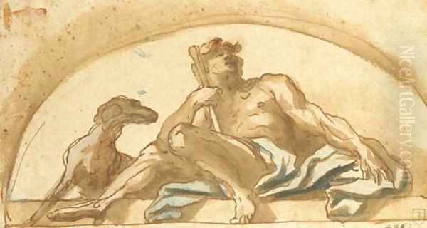 A seated shepherd with a dog study for a lunette Oil Painting by Domenico Piola