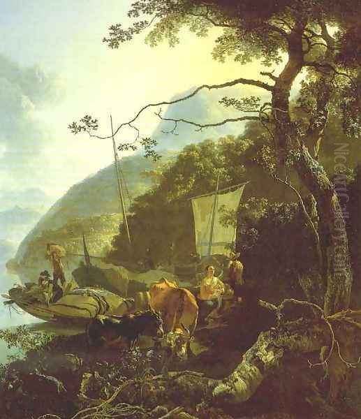 Boatmen Moored on the Shore of an Italian Lake 1668 Oil Painting by Adam Pynacker