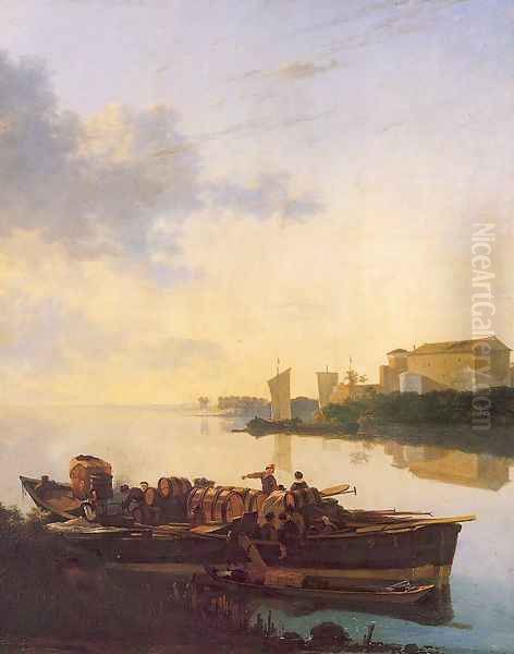 Barges on a River c. 1655 Oil Painting by Adam Pynacker