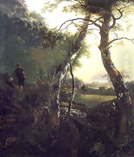 An Italian Wooded Landscape with Figures and Cattle by Adam Pynacker