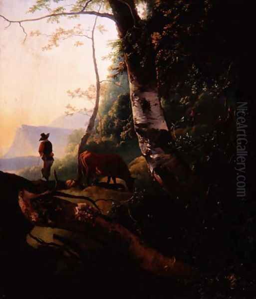 Wooded landscape with a drover and his cattle Oil Painting by Adam Pynacker