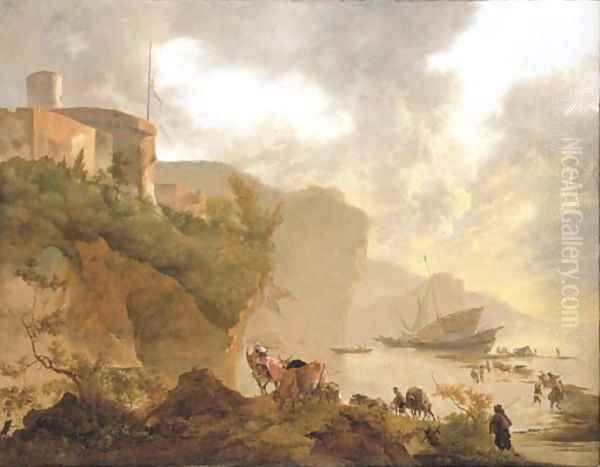 A coastal landscape with stevedores unloading a ship, a castle beyond Oil Painting by Adam Pynacker