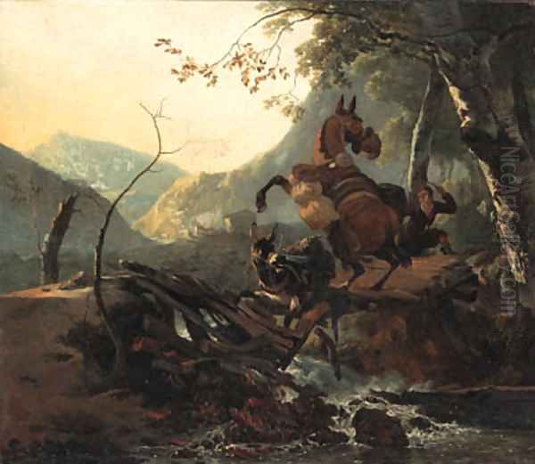 An Italianate landscape with a donkey and a rearing horse crossing a collapsing bridge Oil Painting by Adam Pynacker