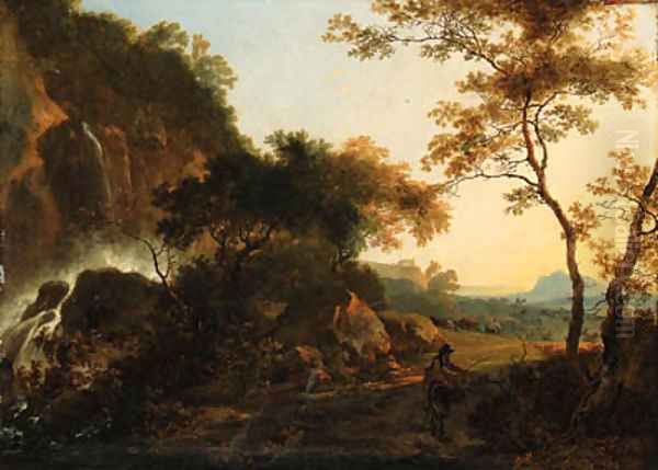 An Italianate Landscape with a Traveller on a Path by a Waterfall, a drover and cattle beyond Oil Painting by Adam Pynacker