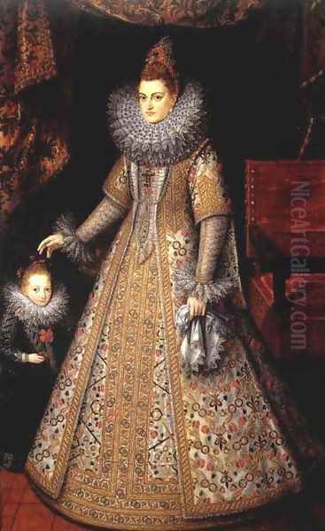 Portrait of Isabella Clara Eugenia of Austria with her Dwarf c. 1599 Oil Painting by Frans Pourbus the younger