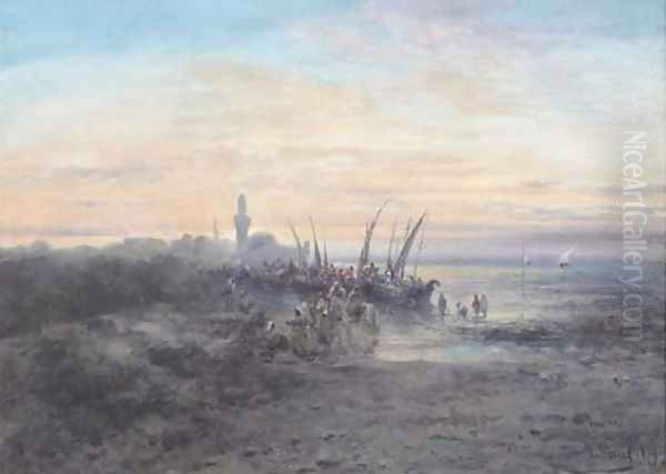 A North African coastline with fishermen at dawn Oil Painting by Paul Pascal