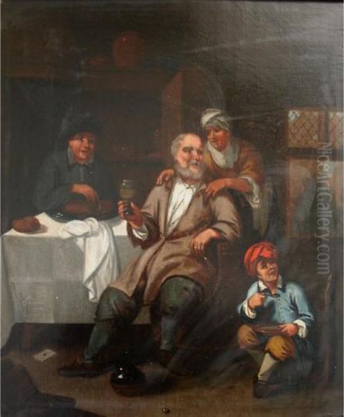 A Family In An Interior Oil Painting by Johannes Lingelbach