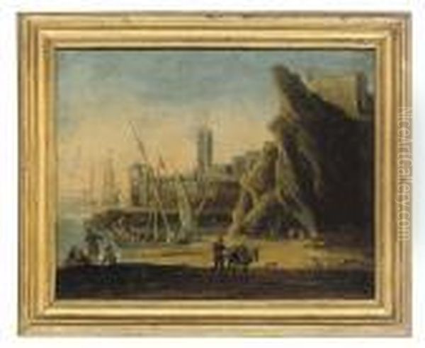 A Mediterranean Coastal Inlet With Fishermen And Shipping, A Fortified Town Beyond Oil Painting by Johannes Lingelbach