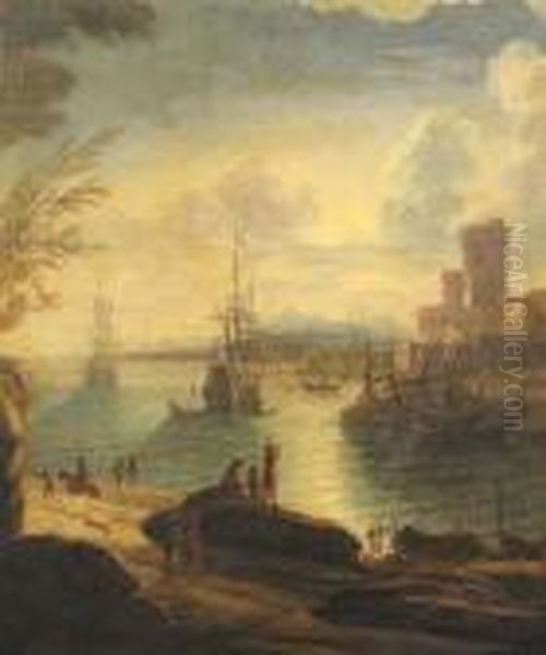 Moonlit Harbour Scene Oil Painting by Johannes Lingelbach