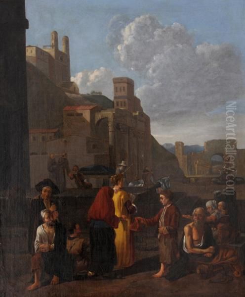 Veduta Fantasiosa Di Roma Con 
Figure Sullo Sfondo Di Trinita Dei Monti E Della Fontana Del Tritone Oil Painting by Johannes Lingelbach