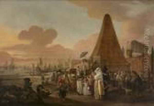 Marchands Ambulants, Charlatans Et Promeneurs Devant Une Scene Portuaire Oil Painting by Johannes Lingelbach