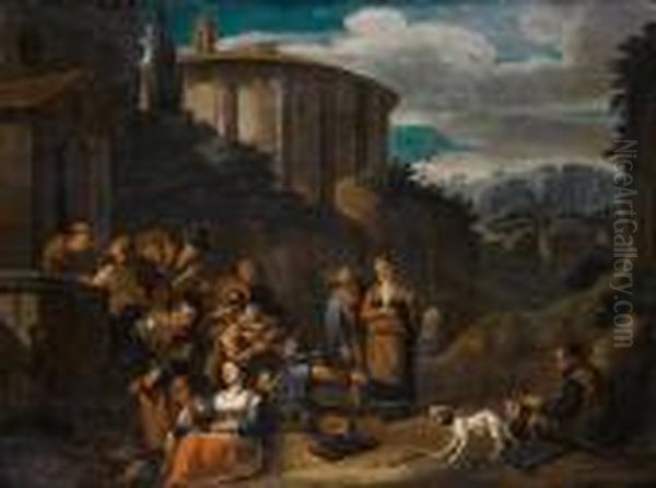 Pilgrims Receiving Alms Before A Temple Oil Painting by Johannes Lingelbach