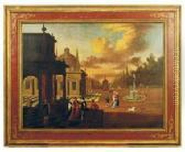 Elegant Figures On The Terrace Of A Mansion Oil Painting by Johannes Lingelbach