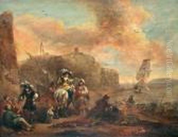 Hans Efterfoljd, Orientaliska Kopman Och Elegant Sallskap I Sydlandsk Hamn Oil Painting by Johannes Lingelbach