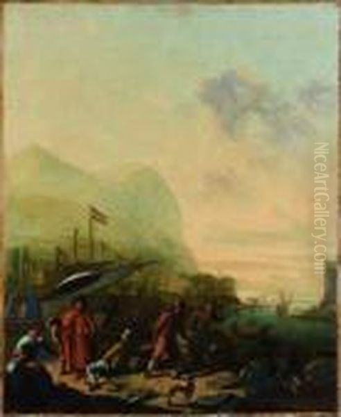 Scene De Port Italien Anime De Personnages Orientaux Oil Painting by Johannes Lingelbach