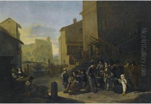 A Roman Market Scene With Peasants Gathered Around A Stove Oil Painting by Johannes Lingelbach