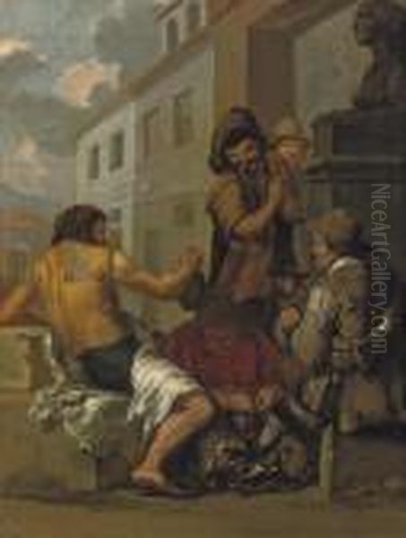 'bamboccianti' Drinking Near A Statue Of A Sphinx Oil Painting by Johannes Lingelbach